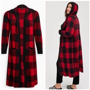 TORRID Red Black Plaid Academia Country Hooded Open Front Cardigan Size 3X